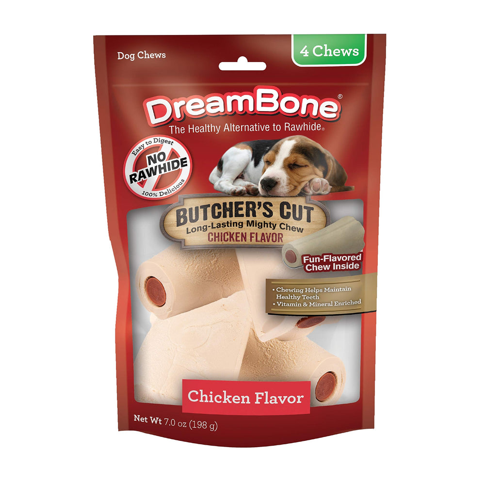 DreamBone Butcher’s Cut – emballage attrayant montrant des friandises sans cuir brut pour chiens.