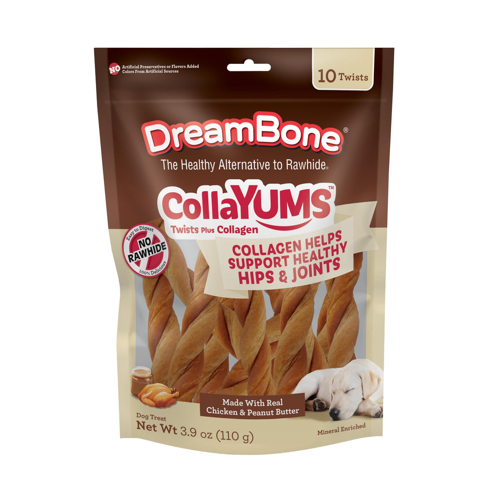 DreamBottle CollaYUMS Twists Plus friandise torsadée au poulet, croquante et agréable pour chiens.