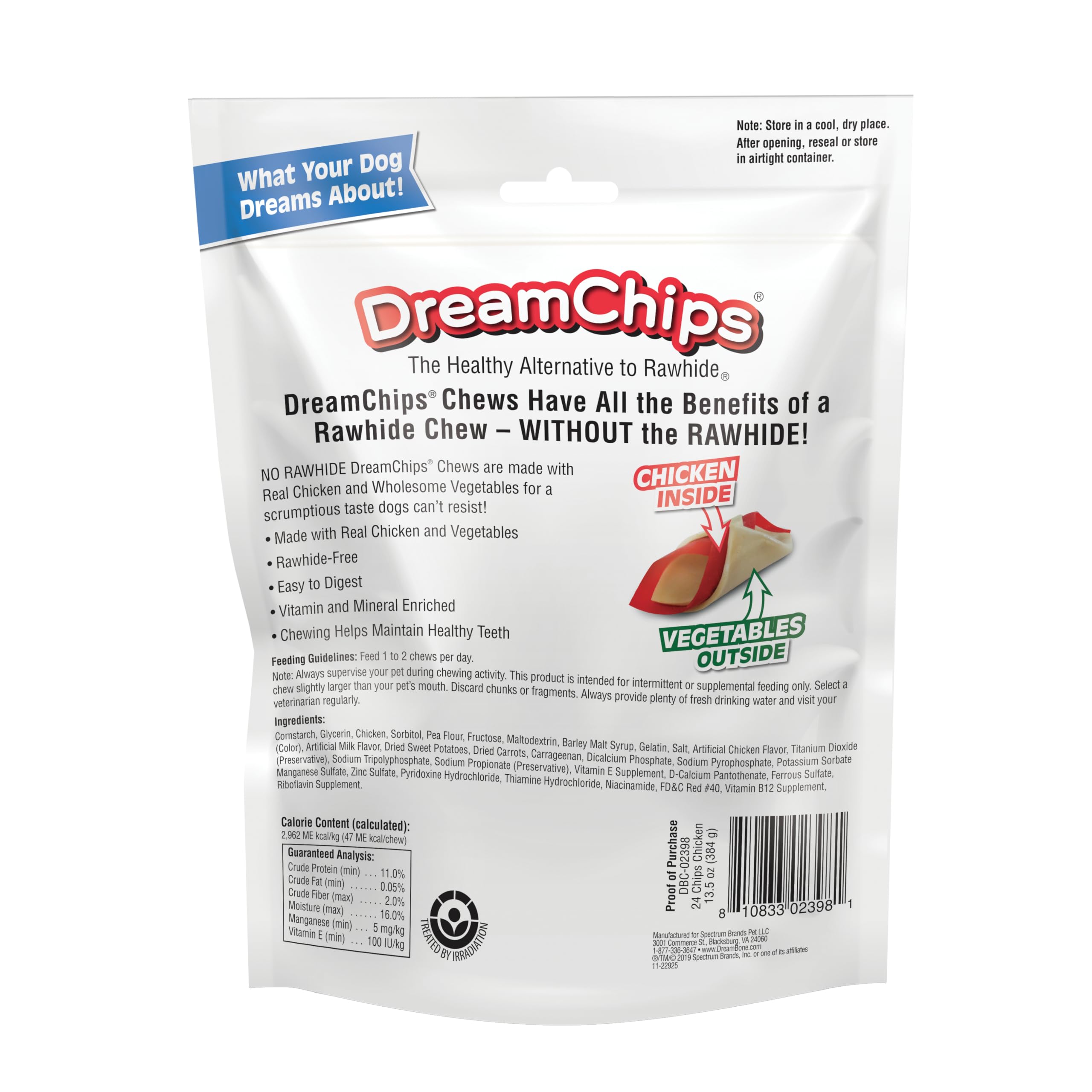 Morceaux de poulet réel et légumes dans DreamChips, goût délicieux.
