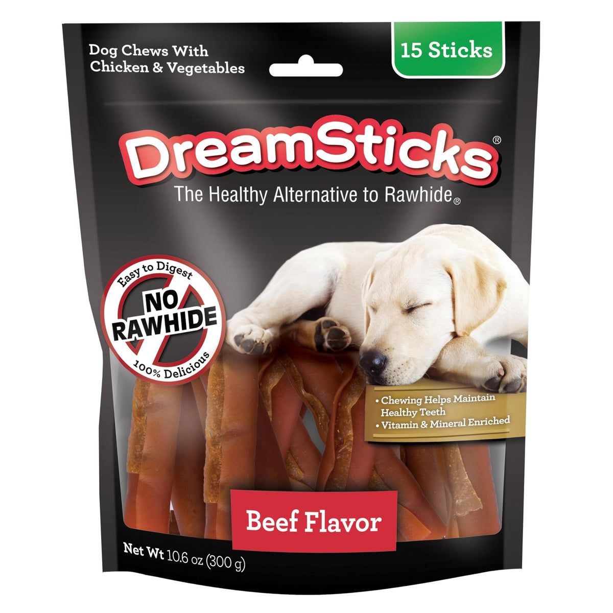DreamBone DreamSticks emballage clair, option sans cuir pour chiens actifs.