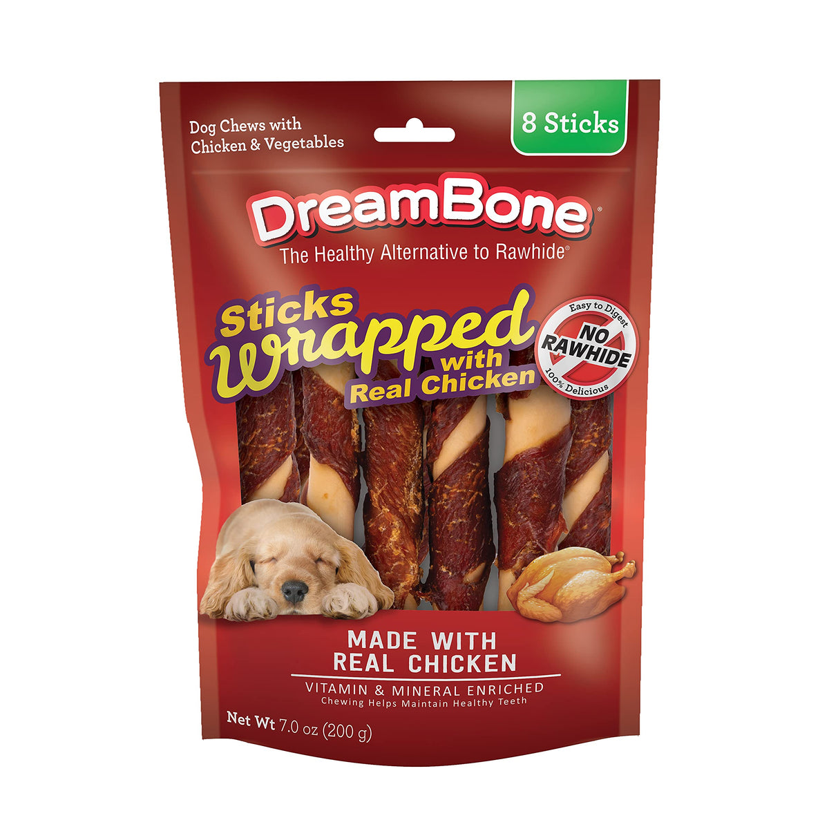 DreamBone friandises enrobées au poulet dans leur emballage pratique, sans cuir brut.