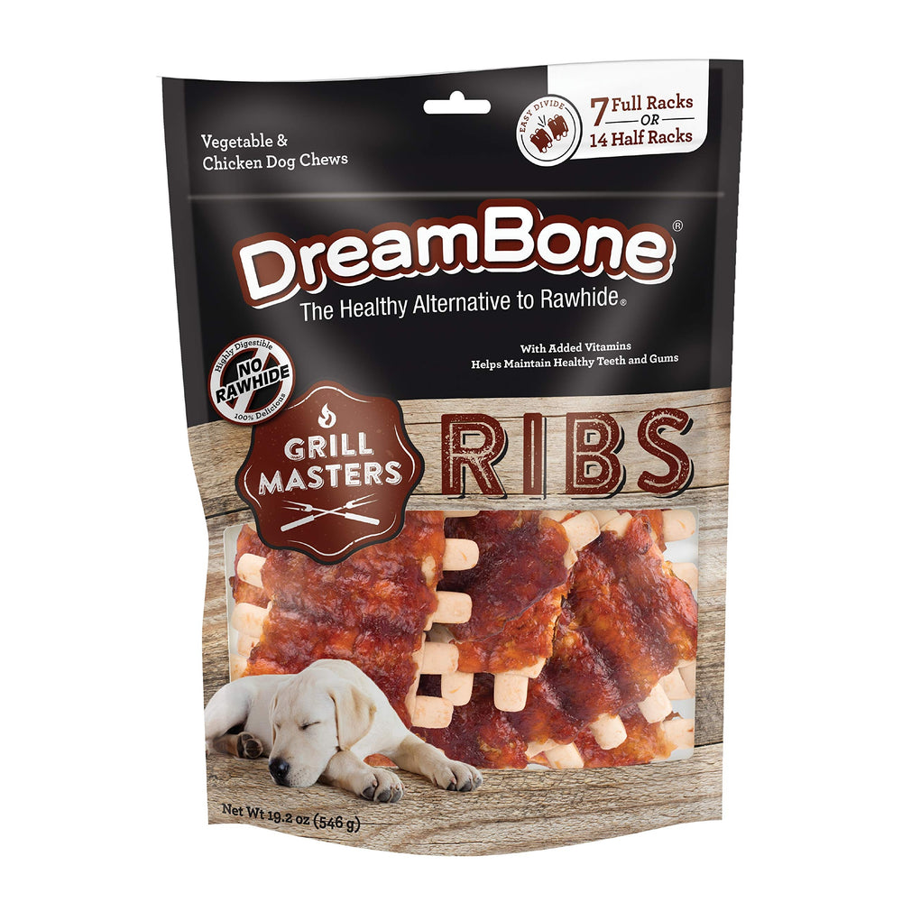 DreamBone Grill Masters Ribs: morceaux de poulet visibles, goût barbecue attractif pour chiens actifs.