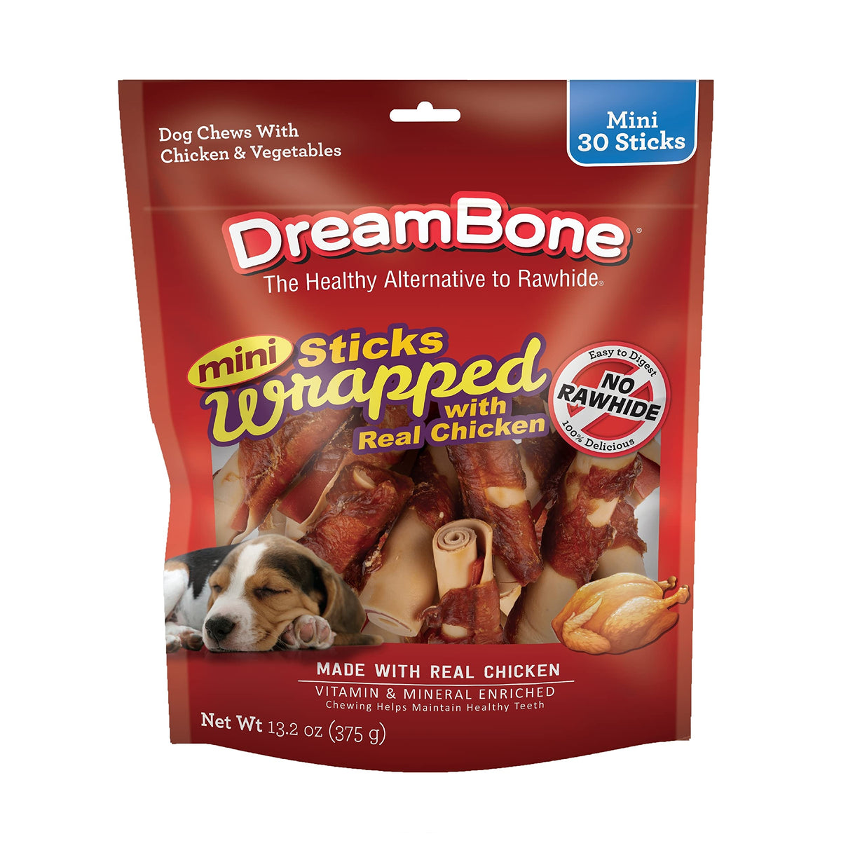 DreamBone mini bâtonnets poulet enroulés, récompense savoureuse pour chiens actifs.