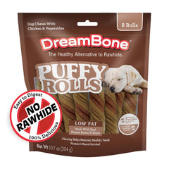 DreamBone Puffy Rolls pack : friandises sans cuir adaptées à l'entraînement.