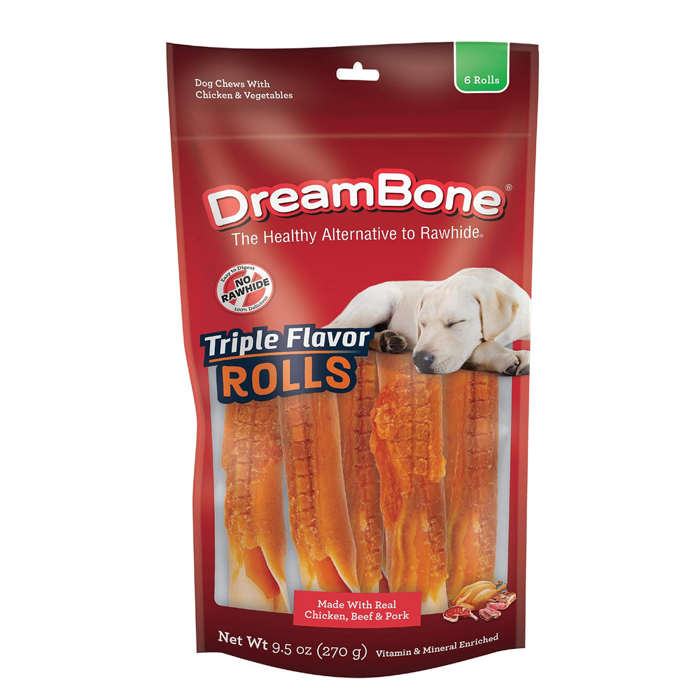 DreamBone rouleaux saveur triple, emballage clair et sans cuir.