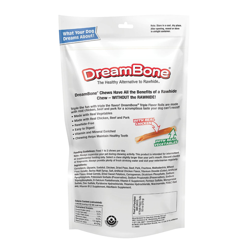 DreamBone rouleaux saveur triple, vue du produit avec bouchée appétissante.