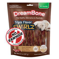 DreamBone Triple Flavor Swirlz sans poulet — emballage attrayant et friandises faciles à digérer.