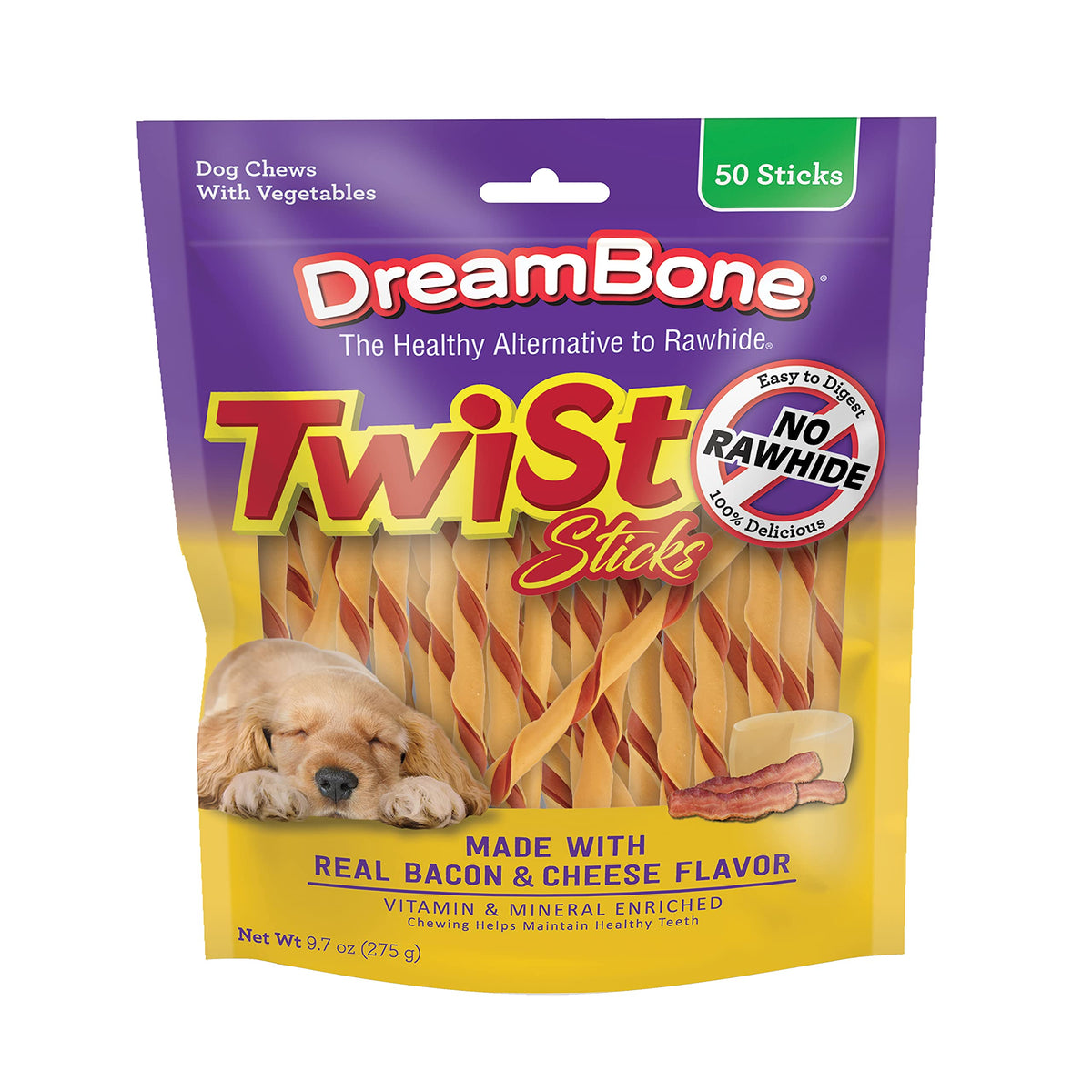 DreamBone Twist Sticks bacon-fromage emballage: friandise sans os prête à donner.