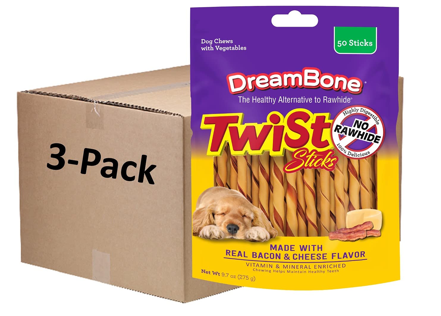 DreamBone Twist Sticks gout bacon-fromage, stimule la mastication et occupe votre chien.