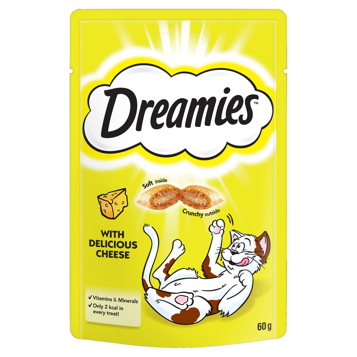 Dreamies fromage chat, emballage pratique, idéal pour récompenser à la maison.
