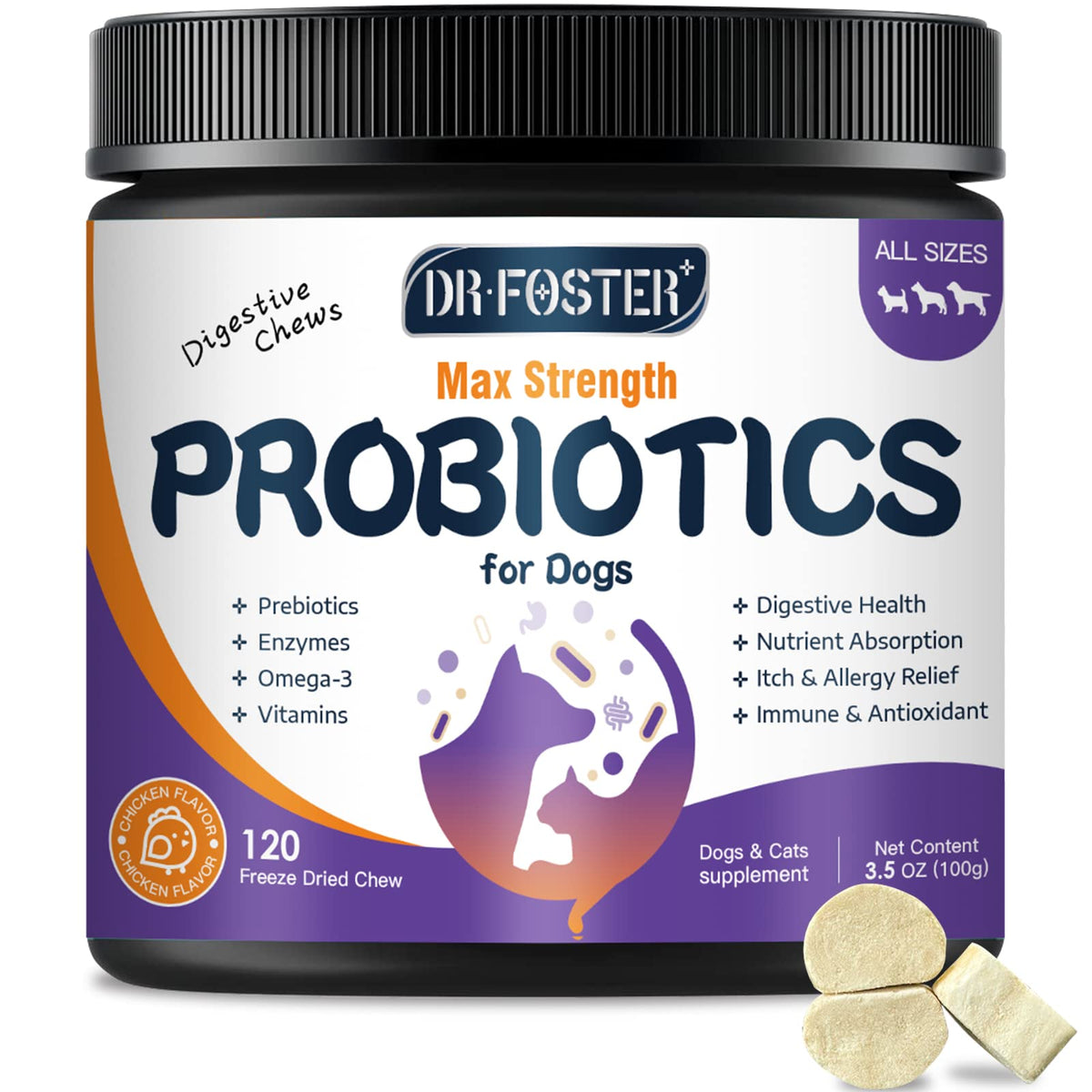 Bouchées probiotiques DRFOSTER pour chien, favorisant la flore intestinale et le confort digestif.