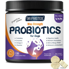 Bouchées probiotiques DRFOSTER pour chien, favorisant la flore intestinale et le confort digestif.