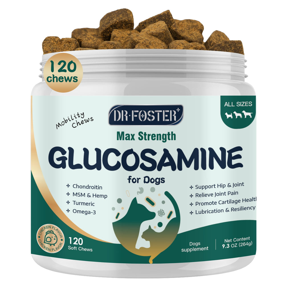 DRFOSTER Glucosamine pour chiens – bouchées en bocal, texture tendre et goût poulet.