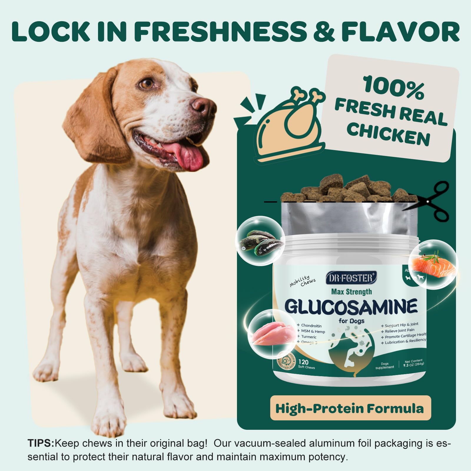 DRFOSTER Glucosamine pour chiens – emballage scelle individuellement pour fraicheur durable.