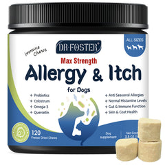 Gommes DRFOSTER allergie chien dans une boîte, dosage facile.