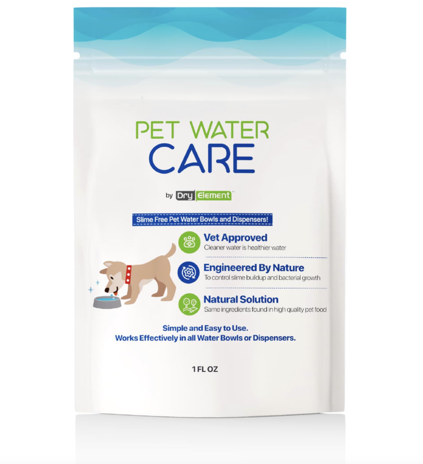 Dry Element Pet Water Care – flacon gouttes sur fond blanc améliore l’hygiène buccale