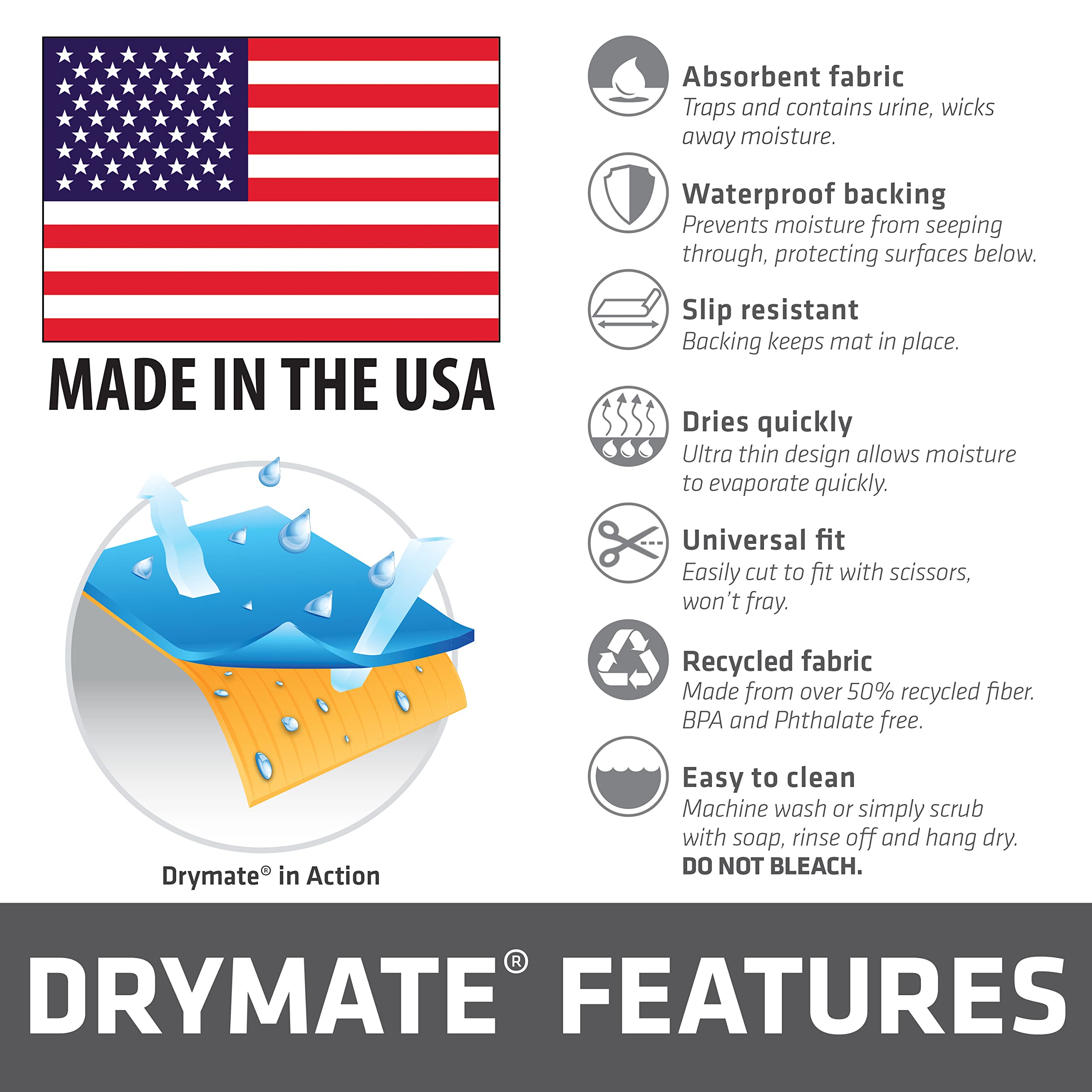 Drymate fabriqué aux Etats-Unis, sans BPA et sans phtalates.