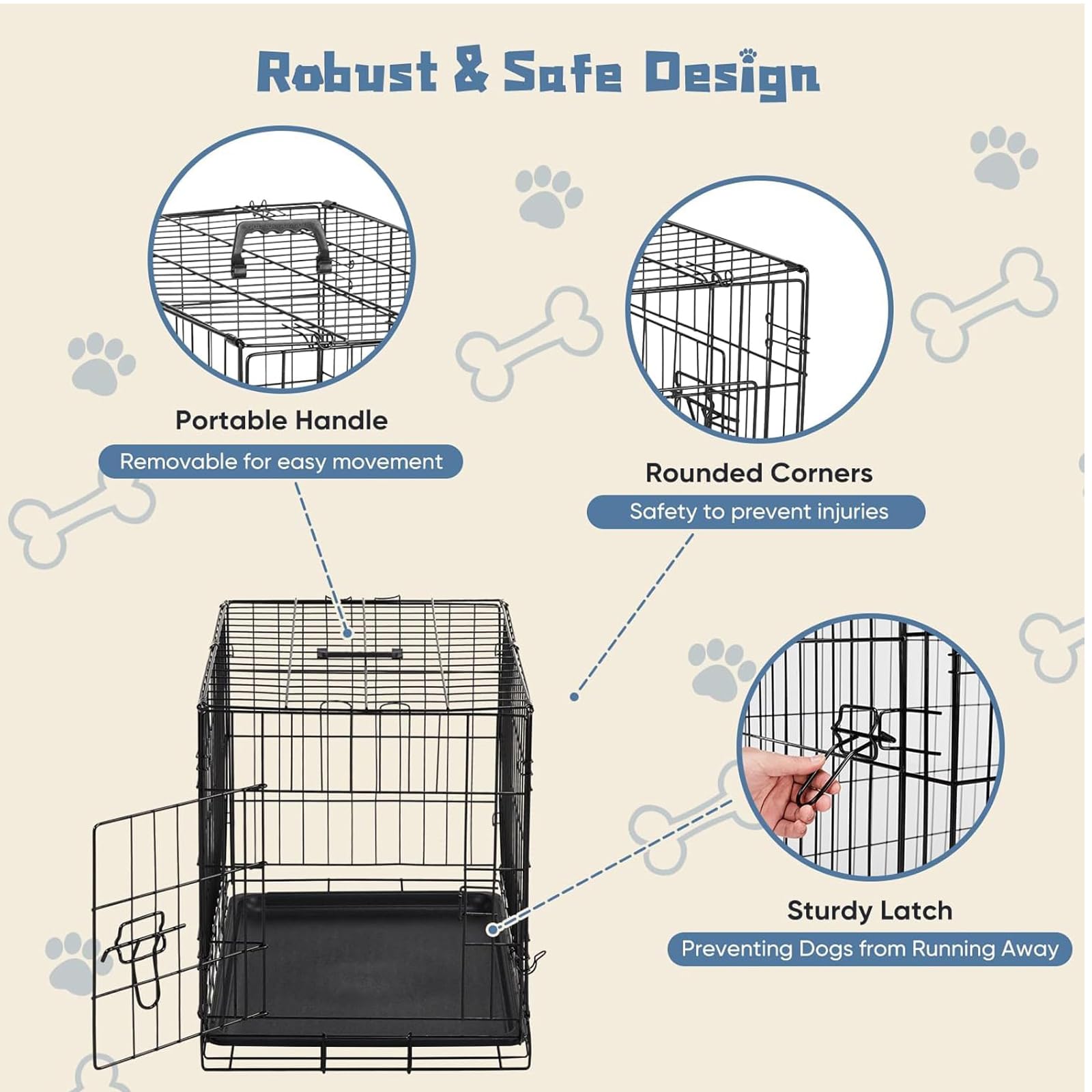 DUMOS cage chien 30 pouces, bac plastique détachable, nettoyage rapide.