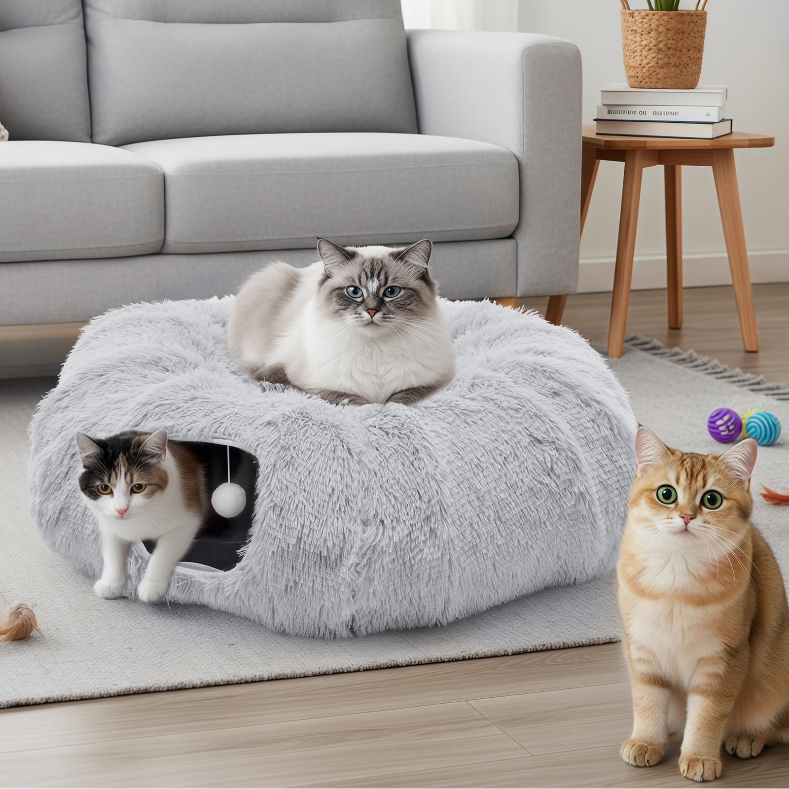 DUMOS tunnel 3-en-1 chat gris: espace de jeu, exploration et repos polyvalent.