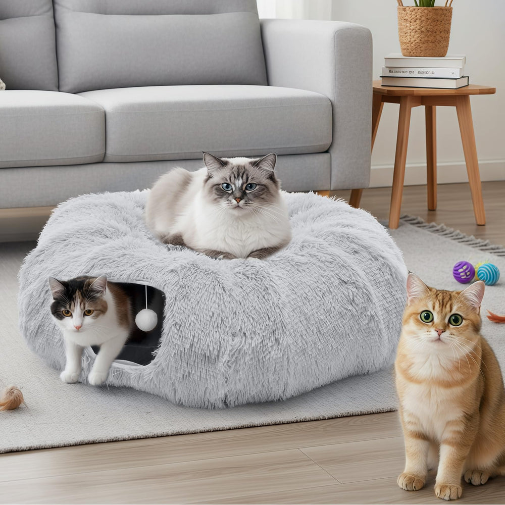 DUMOS tunnel 3-en-1 chat gris: espace de jeu, exploration et repos polyvalent.
