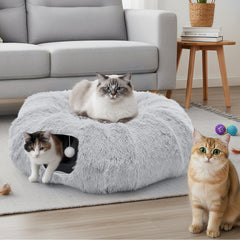 DUMOS tunnel 3-en-1 chat gris: espace de jeu, exploration et repos polyvalent.