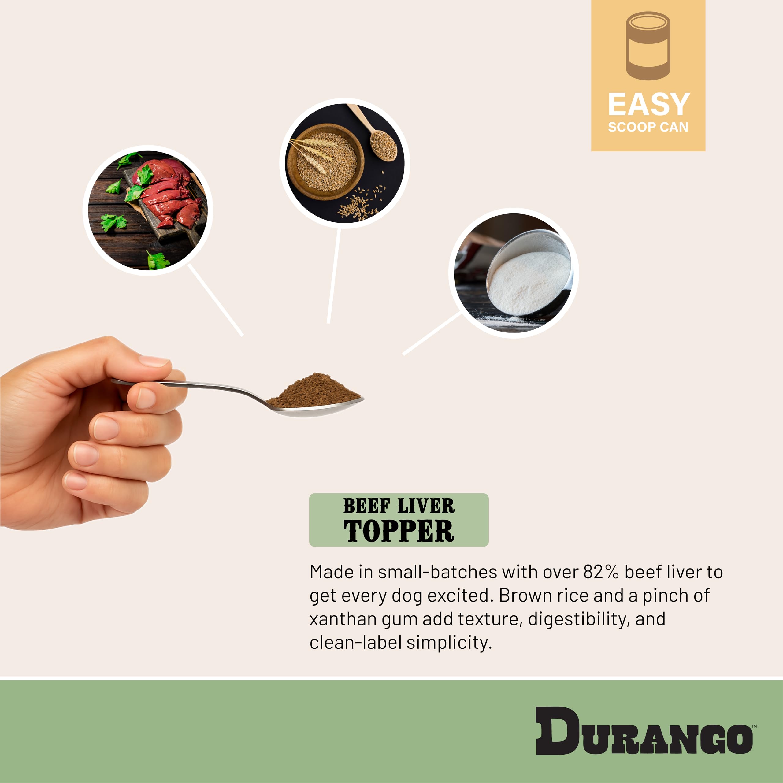 Ingrédients simples de Durango : foie, riz brun, gomme xanthane.