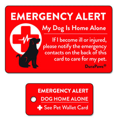 Carte d’urgence DuraPaws chien, face rouge brillante pour alerter les secours et contacter le gardien.