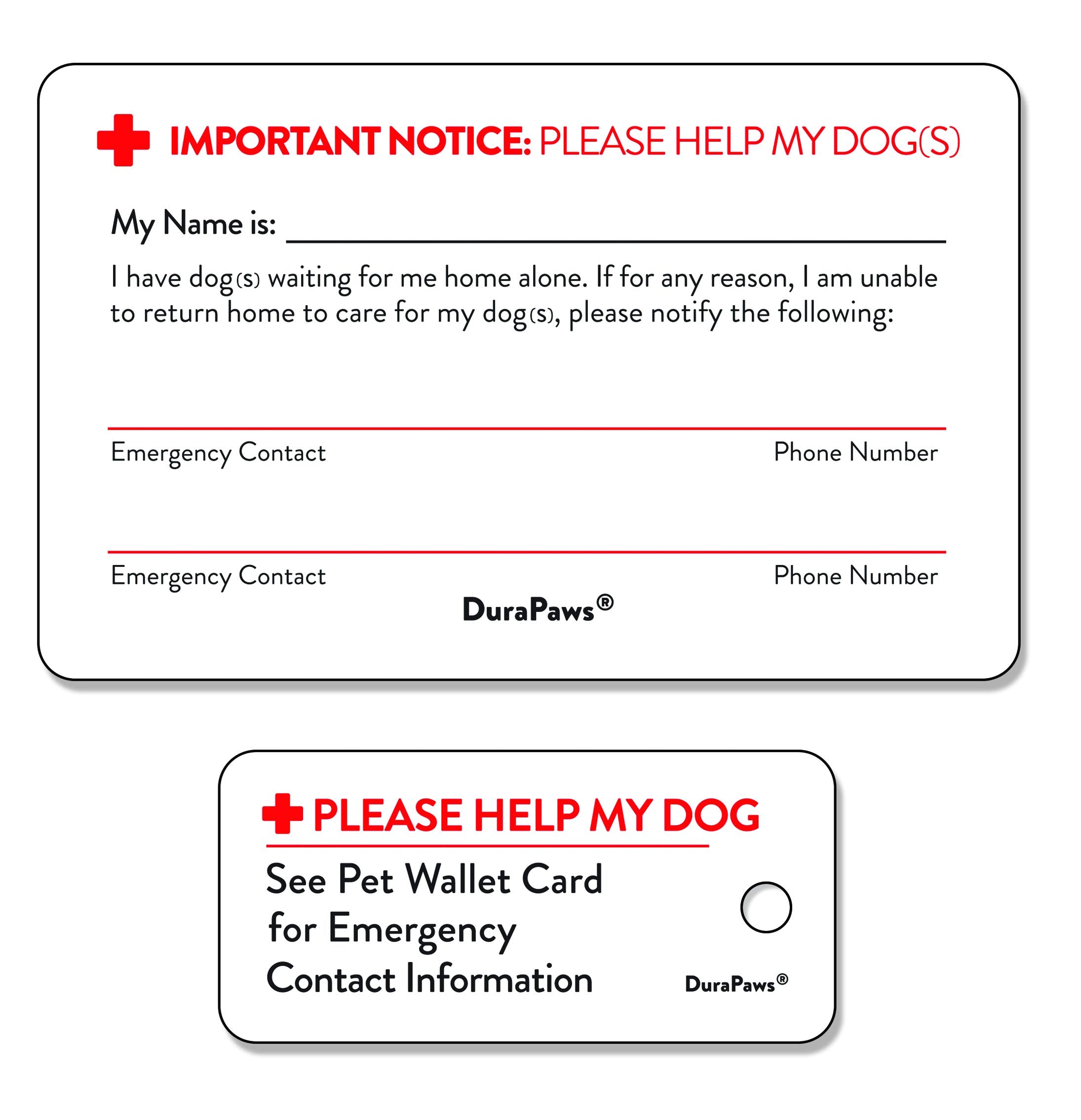 Porte-clés DuraPaws rouge, facilement visible pour aider les secours à trouver les informations.