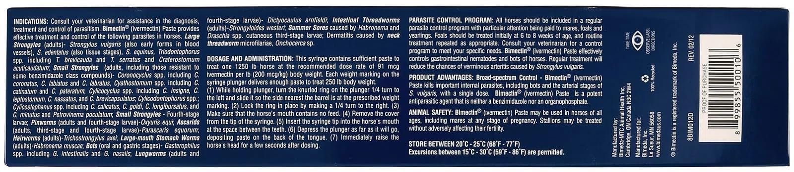 Étiquette Bimectin claire, sécurité et dosage affichés sur l'emballage.