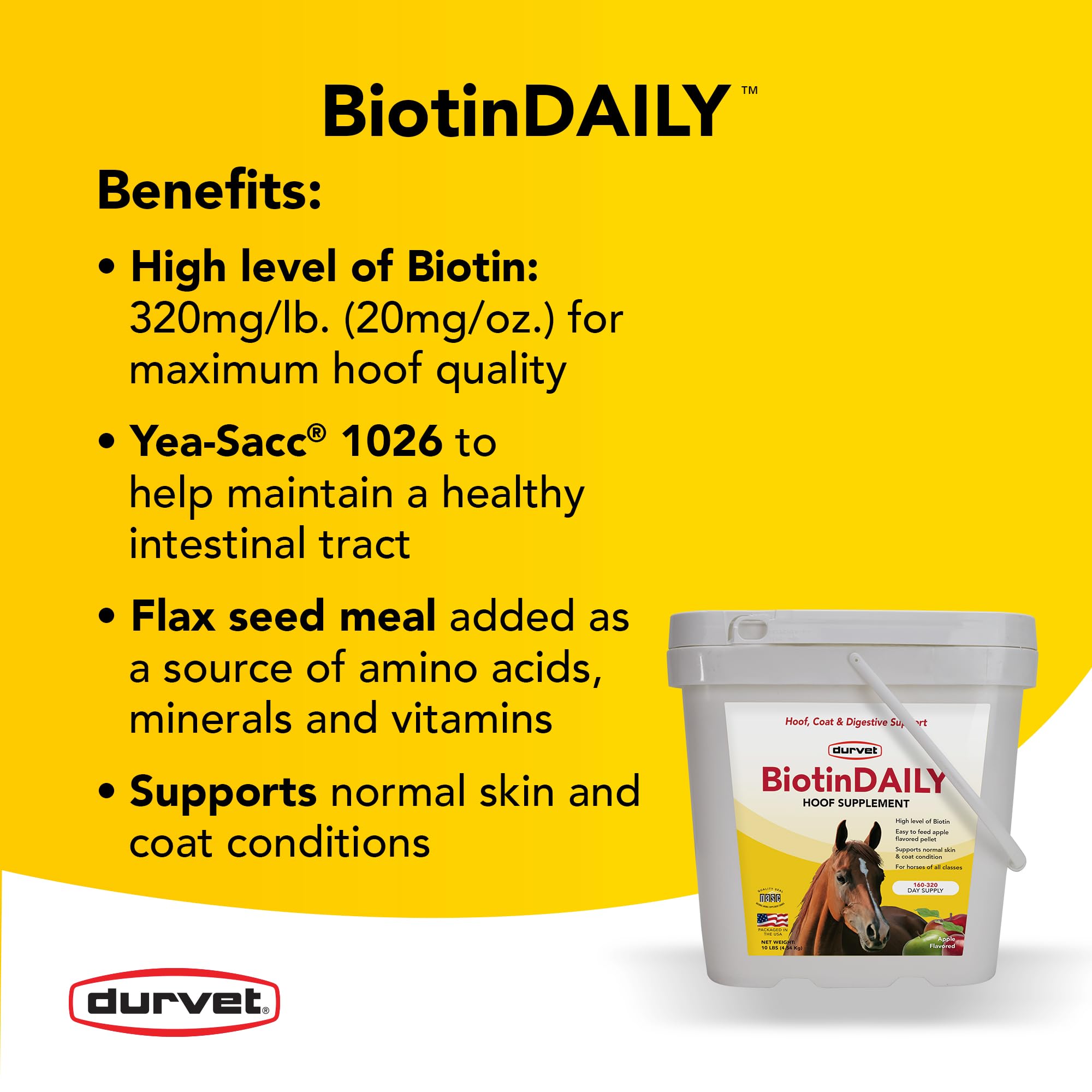 Durvet BIOTIN Daily 10# – Étiquette claire indiquant l'utilisation et les ingrédients.