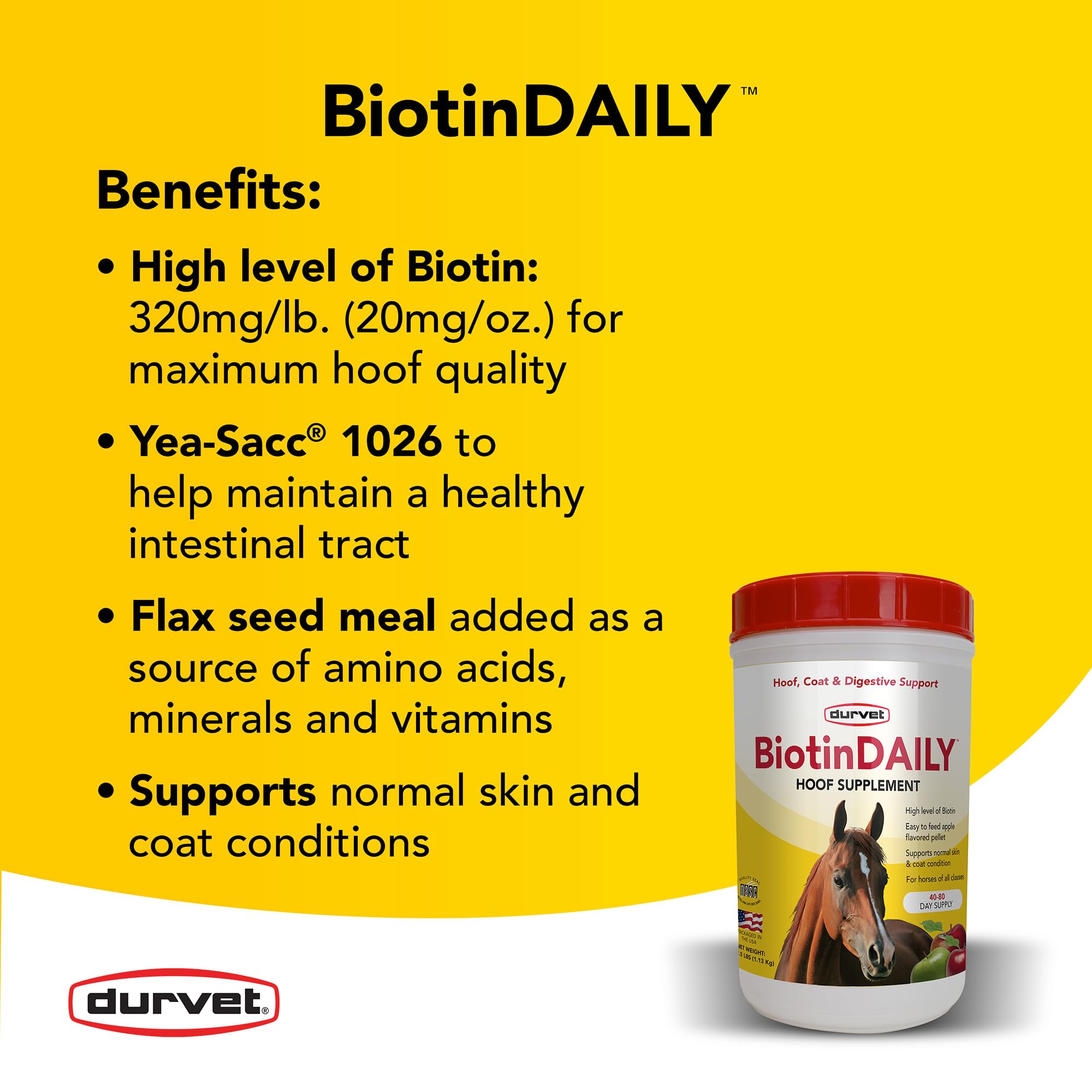 Durvet Biotine Quotidienne, soutien croissance des sabots du cheval.