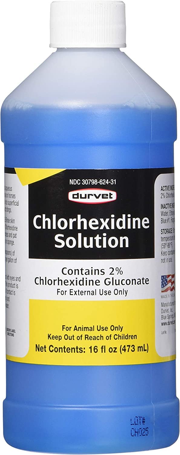 Durvet chlorhexidine 16oz - aperçu du lot trois bouteilles pour soins superficiels chez les animaux.