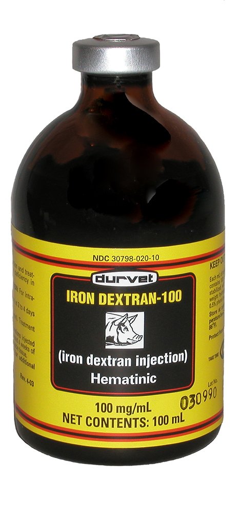 Bouteille Durvet Iron Dextran pour chiens, soutien potentiel de l’apport en fer.