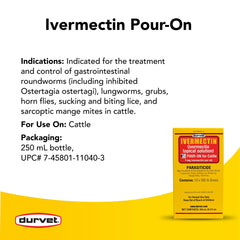 Durvet Ivermectin Pour-On—dosage 5 mg/mL pour un traitement ciblé des bovins.