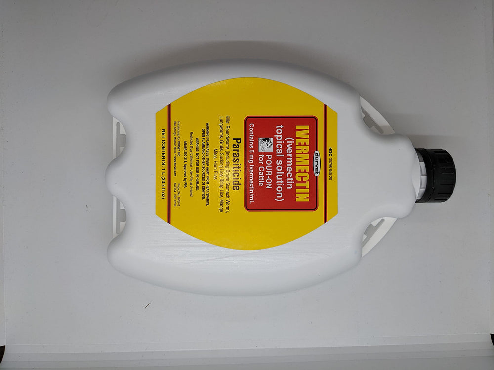 Durvet Ivermectin Pour-On emballage et étiquette clairs.
