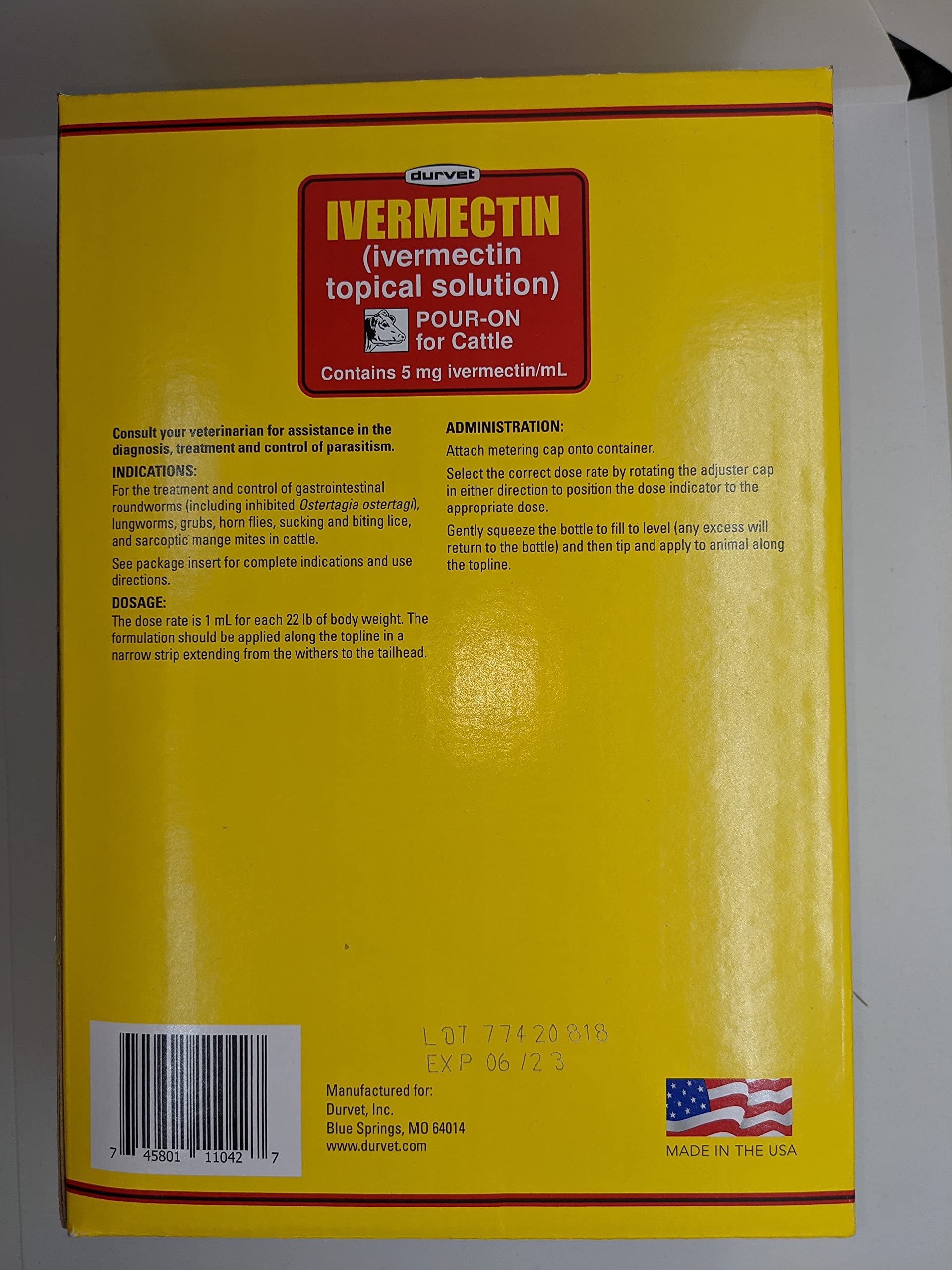 Durvet Ivermectin Pour-On application sur bovins, usage simple et sûr.