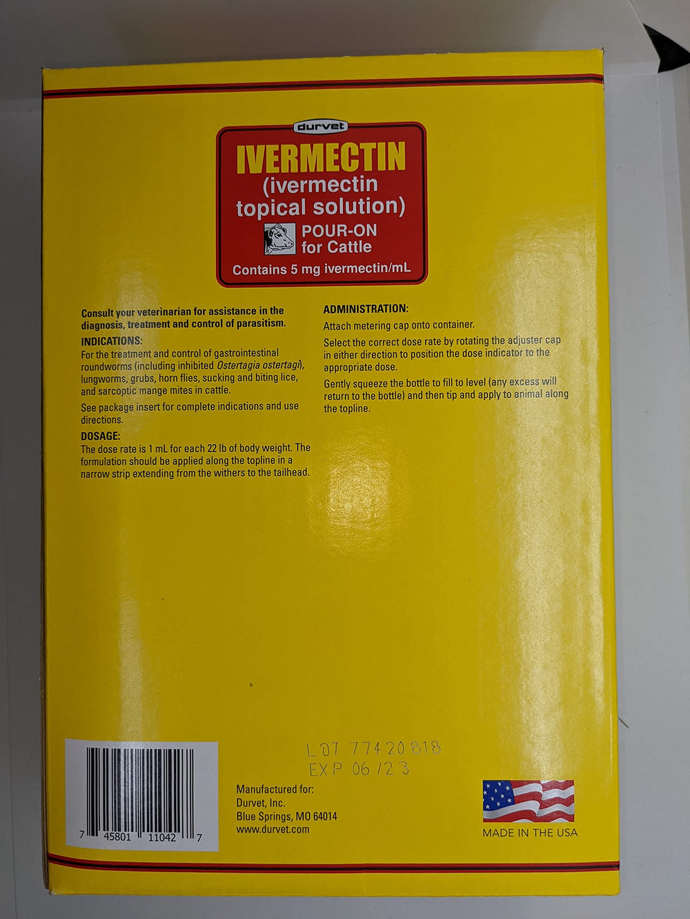 Durvet Ivermectin Pour-On application sur bovins, usage simple et sûr.