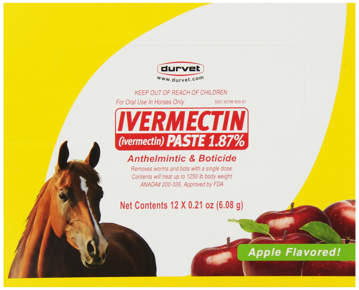 Pâte Durvet vermectine pour chevaux, seringue doseuse, saveur pomme appréciée par les chevaux.