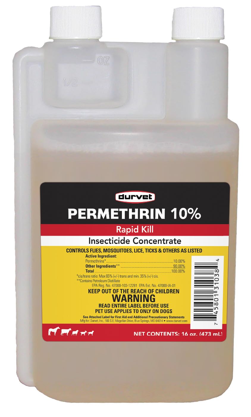 Durvet Permethrin EC 10% sur la bouteille 16 oz, usage pratique et sûr pour le foyer.