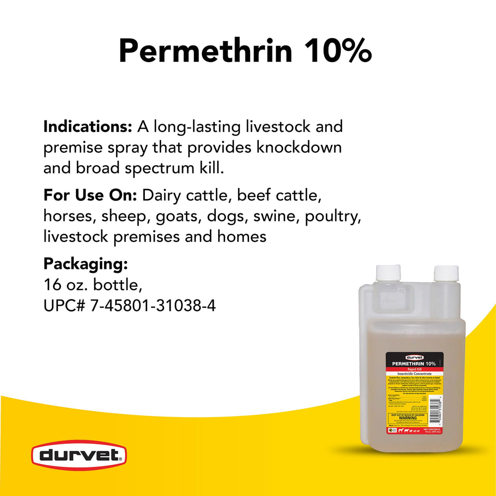 Durvet Permethrin EC 10% sur le conteneur 16 oz, manipulation pratique et fiable.