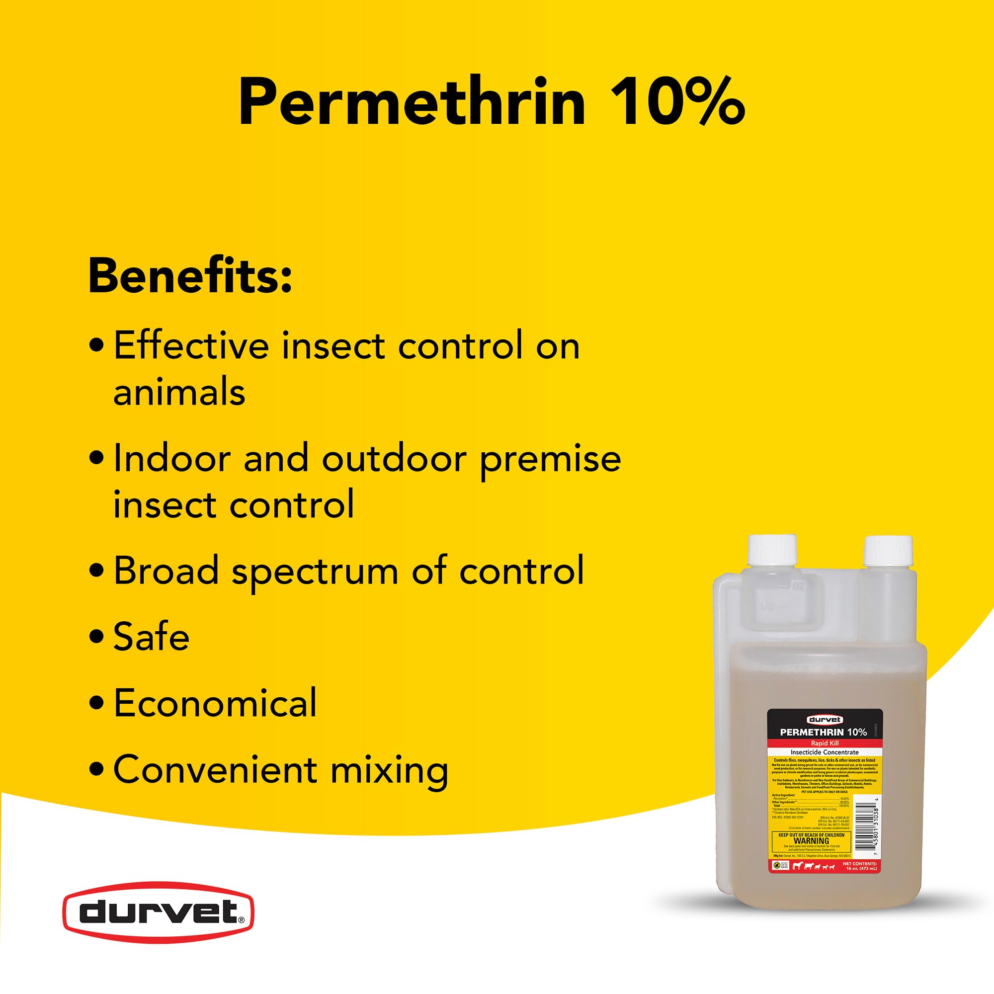 Durvet Permethrin EC 10% sur l'etiquette, informations claires et faciles à suivre.