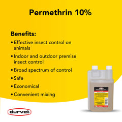 Durvet Permethrin EC 10% sur l'etiquette, informations claires et faciles à suivre.