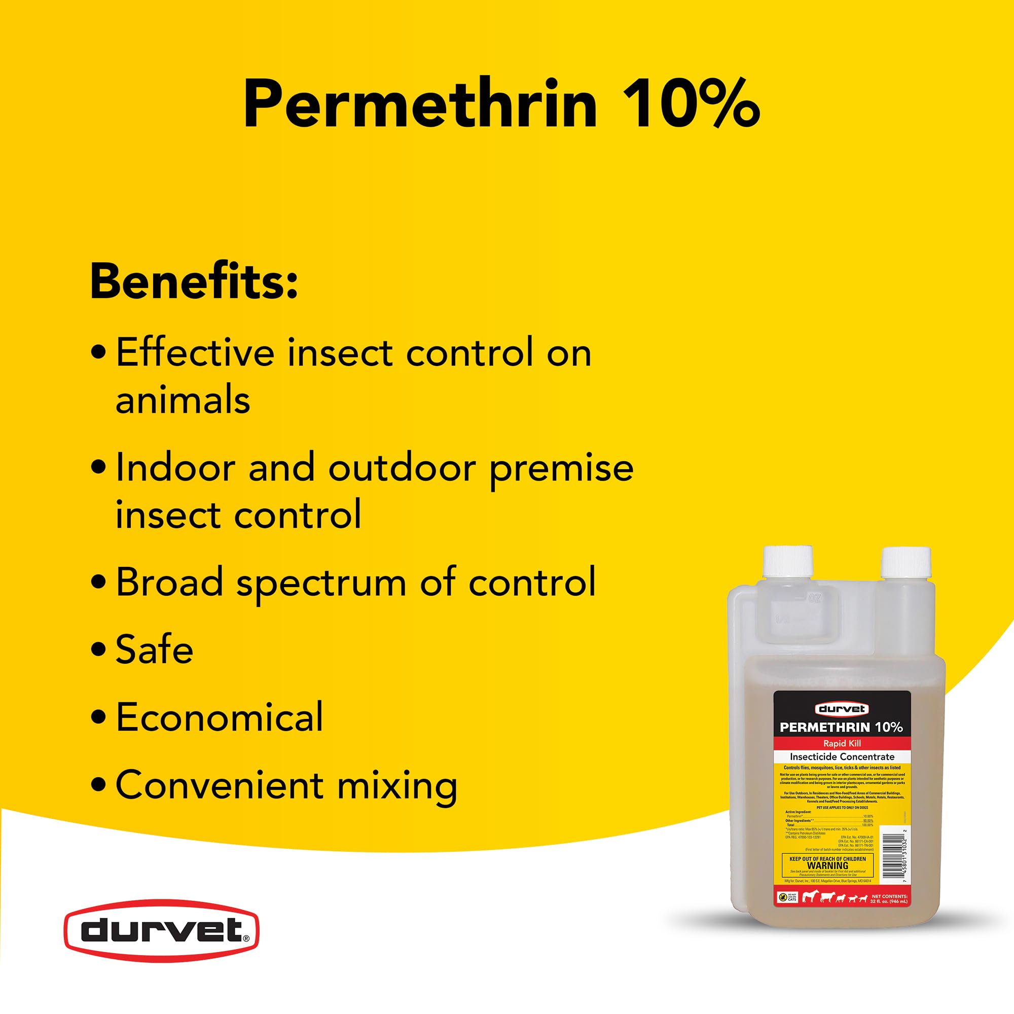 Étiquette claire sur Durvet Perméthrine EC10 pour dosages précis et sûrs.