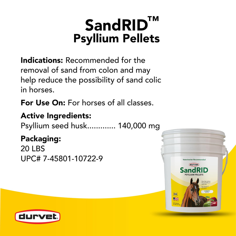 Guide de dosage Durvet Sandrid Psyllium pour administration cheval.