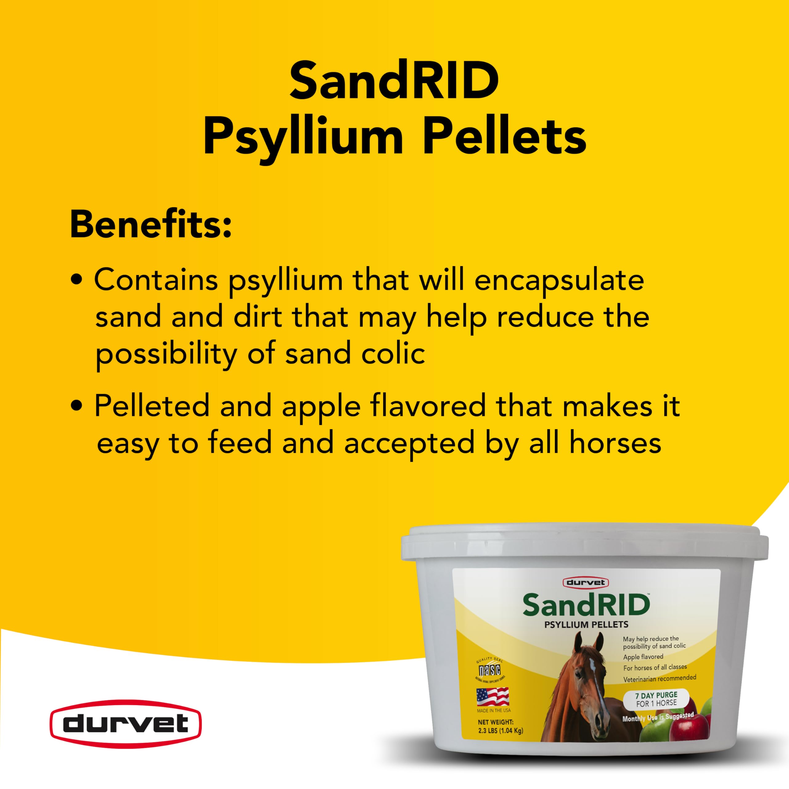 Durvet Sandrid Psyllium Pellets – emballage clair et dosage pratique.