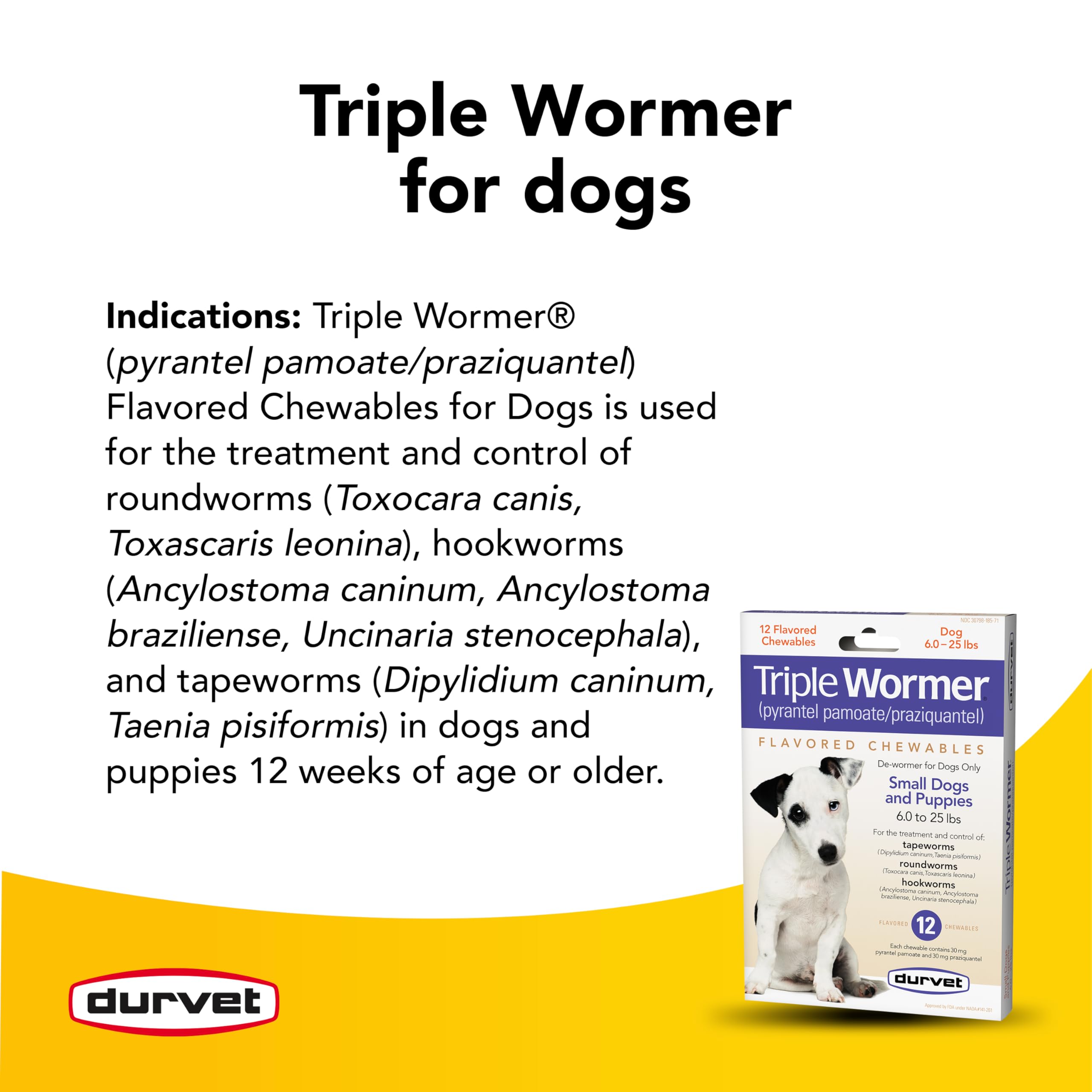 Emballage Durvet Triple Wormer montrant les comprimés pour chiots.