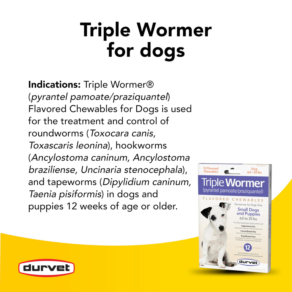 Emballage Durvet Triple Wormer montrant les comprimés pour chiots.