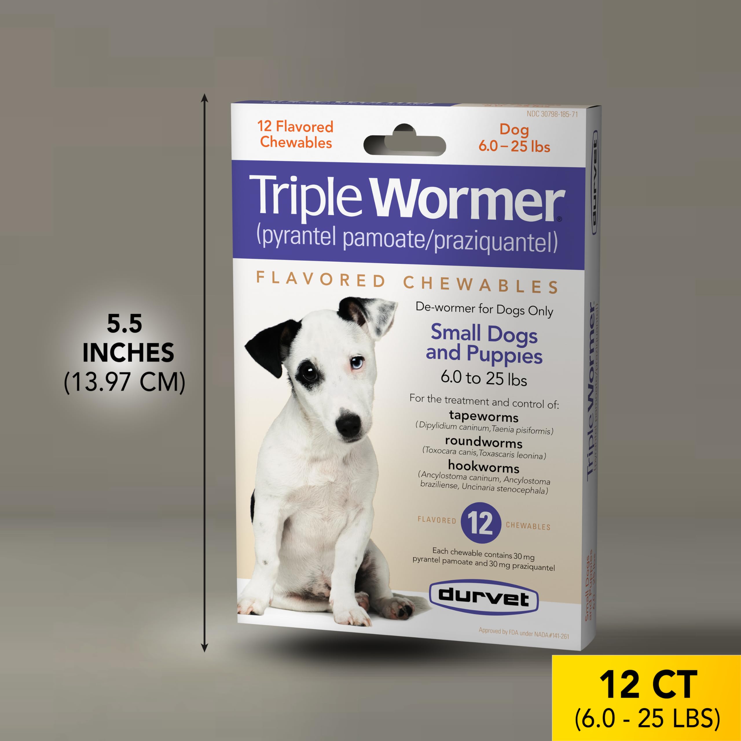 Paquet Durvet Triple Wormer de 12 comprimés pour chiots.