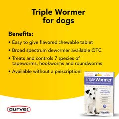 Tablettes Durvet Triple Wormer pour chiots, précision d'administration et sans ordonnance.