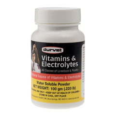 Durvet vitamines et électrolytes pour le bétail, emballage et doseur, soutien nutritionnel potentiel.